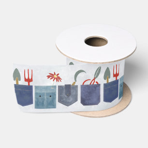 Whimsical Watercolor Denim Garden Pockets Illustra Satin Ribbon