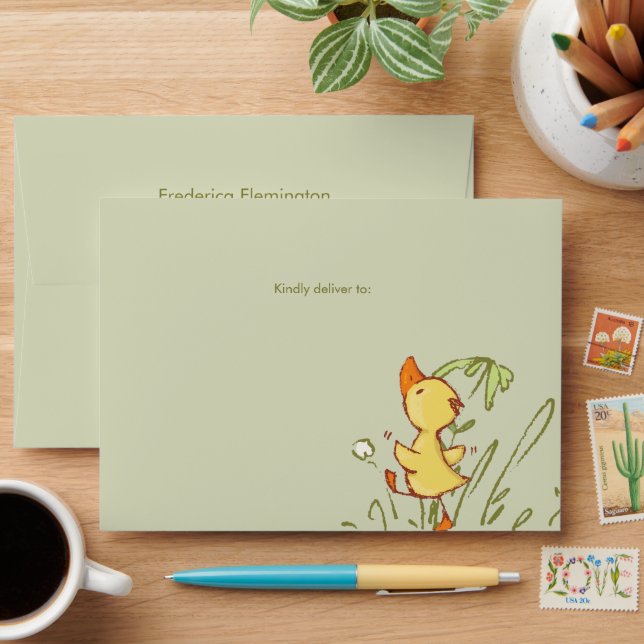 Whimsical Watercolor Ducklings On Sage Green Envelope (Desk)