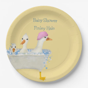 Whimsical Watercolor Ducks in Bathtub Baby Shower  Paper Plate