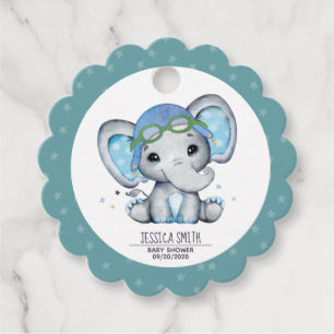 Whimsical Watercolor Elephant Aeroplane Baby Showe Favour Tags