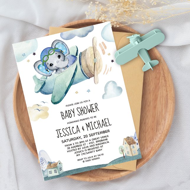 Whimsical Watercolor Elephant Aeroplane Baby Showe Invitation (Creator Uploaded)