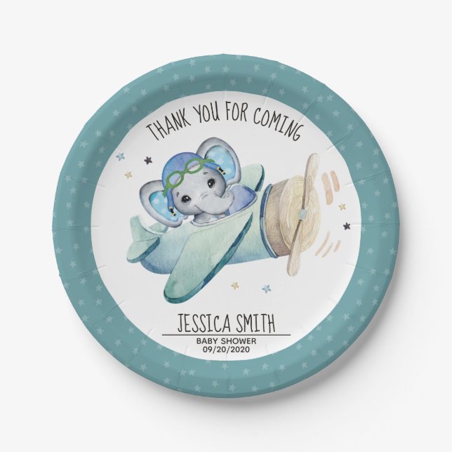 Whimsical Watercolor Elephant Aeroplane Baby Showe Paper Plate (Front)