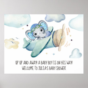Whimsical Watercolor Elephant Aeroplane Baby Showe Poster