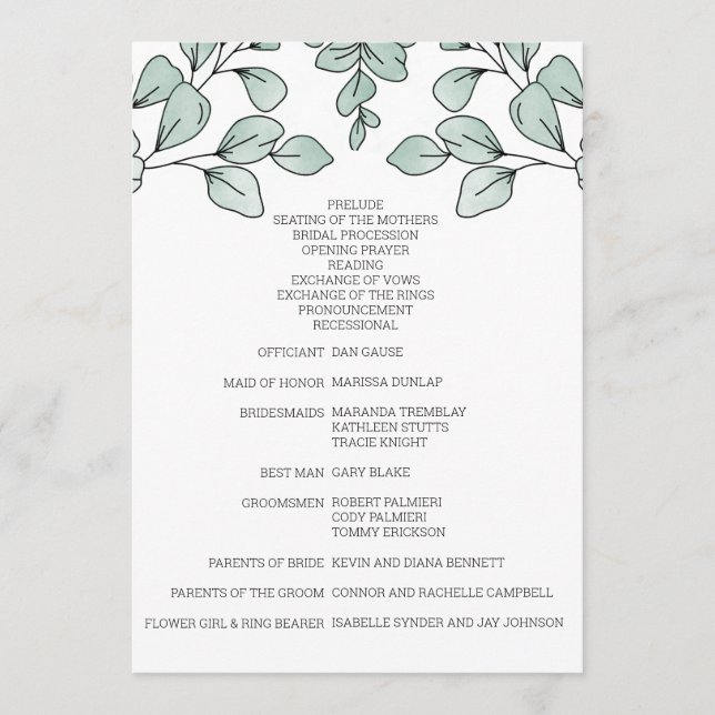 Whimsical Watercolor Eucalyptus Wedding Programme (Front)