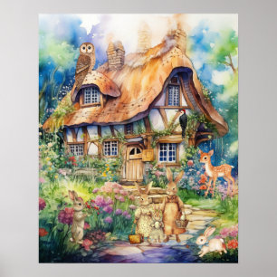 Whimsical Watercolor Fantasy Cottage Animals Kids Poster