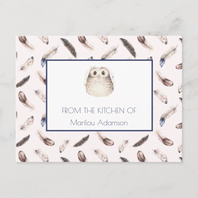 Whimsical Watercolor Feathers and Owl Recipe | Postcard (Front)