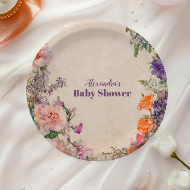 Whimsical Watercolor Floral  Baby Shower Paper Plate (Creator Uploaded)