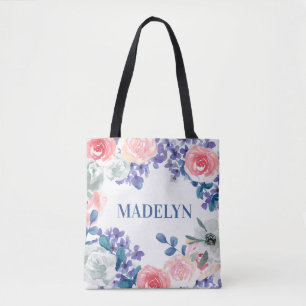 Whimsical Watercolor Floral Customisable Name Tote Bag