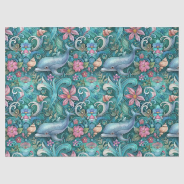 Whimsical Watercolor Floral Dolphins Decoupage Tissue Paper (Front)
