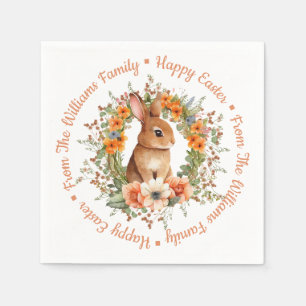 Whimsical Watercolor Floral Easter Bunny Orange Napkin