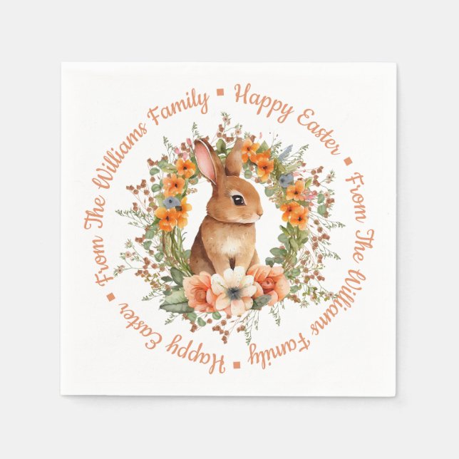 Whimsical Watercolor Floral Easter Bunny Orange Napkin (Front)