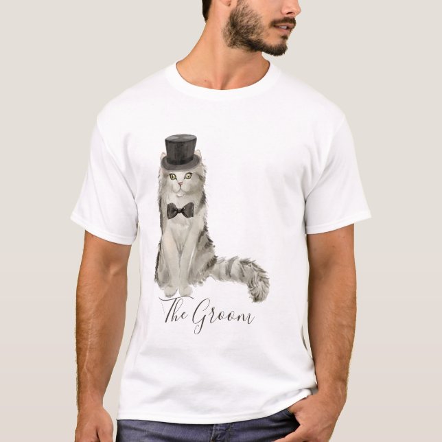 Whimsical Watercolor Floral Groom Cat T-Shirt (Front)