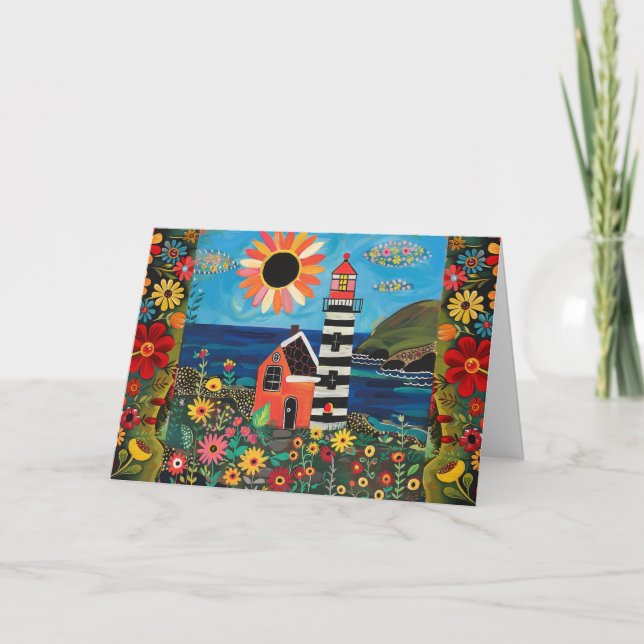 Whimsical Watercolor Floral Light House Blank Card (Front)