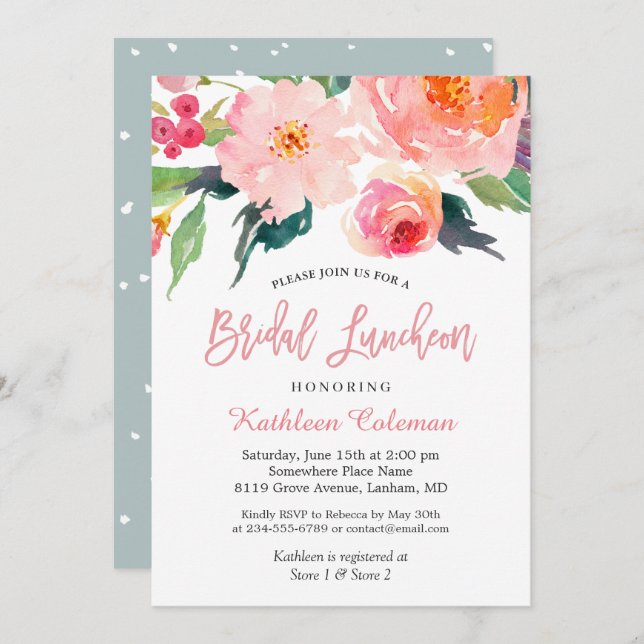 Whimsical Watercolor Floral Modern Bridal Luncheon Invitation (Front/Back)
