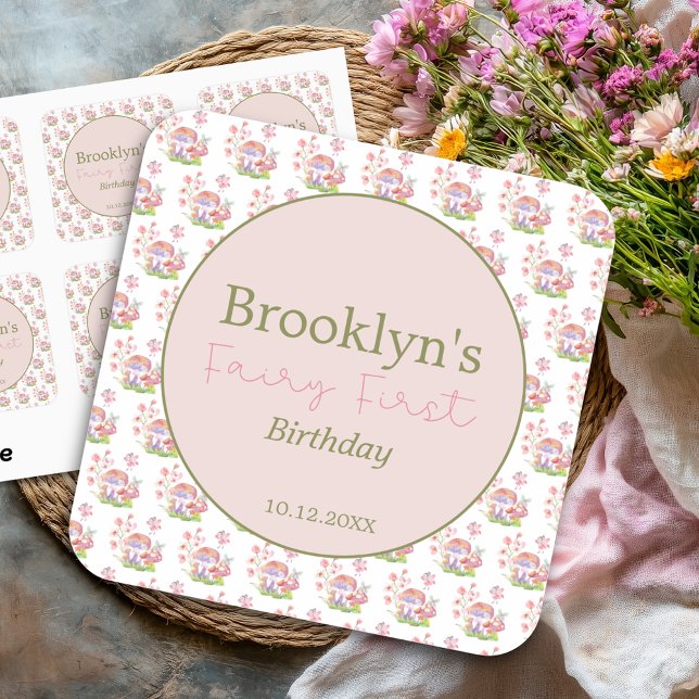 Whimsical Watercolor Floral Mushroom Fairy First Square Sticker (Whimsical Watercolor Floral Mushroom Fairy First Square Sticker)