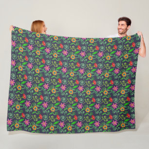 Whimsical Watercolor Floral Navy Blue Fleece Blanket