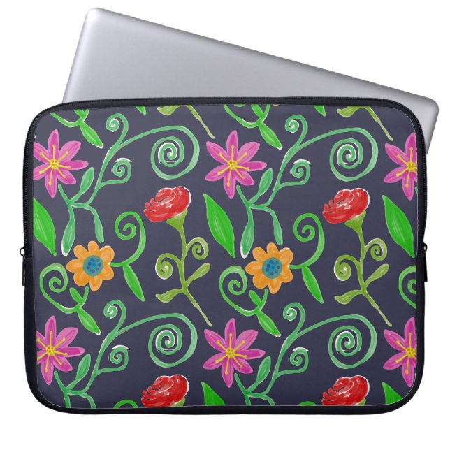 Whimsical Watercolor Floral Navy Blue Laptop Sleeve (Front)