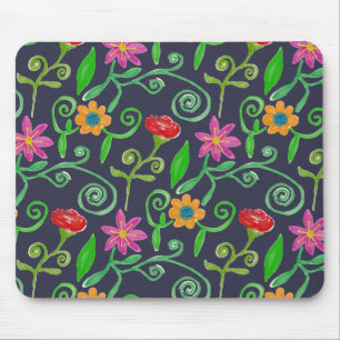 Whimsical Watercolor Floral Navy Blue Mouse Pad