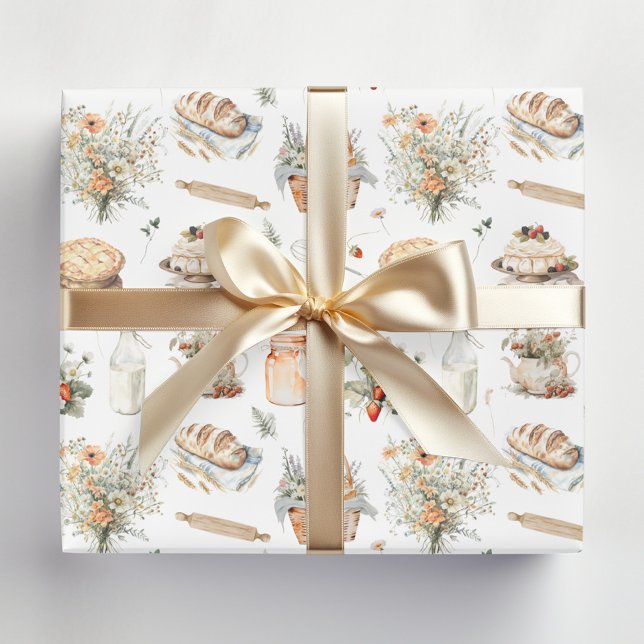 Whimsical Watercolor Floral Strawberry Country Wrapping Paper Sheet (In situ)