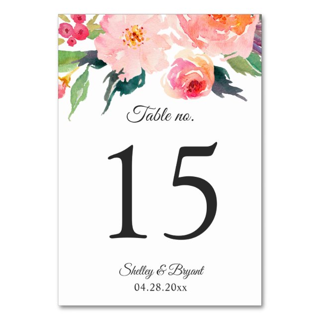 Whimsical Watercolor Floral Wedding Table Number (Front)