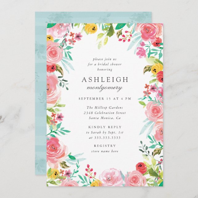 Whimsical Watercolor Floral Wreath Bridal Shower Invitation (Front/Back)