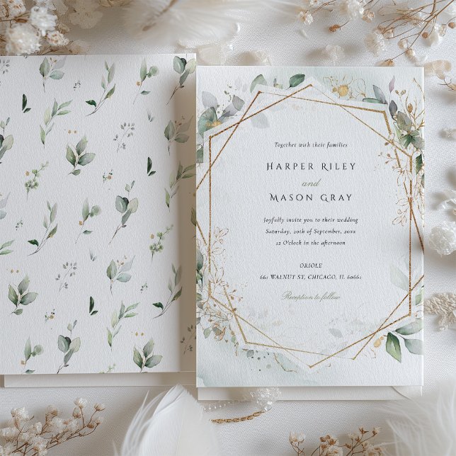 Whimsical Watercolor Foliage Geometric Gold Invitation (Creator Uploaded)
