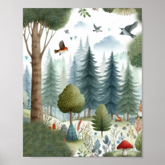 Whimsical Watercolor Forest Animal Kids Nursery Poster