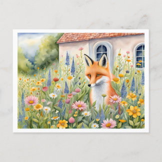 Whimsical Watercolor Fox in Flower Garden Postcard