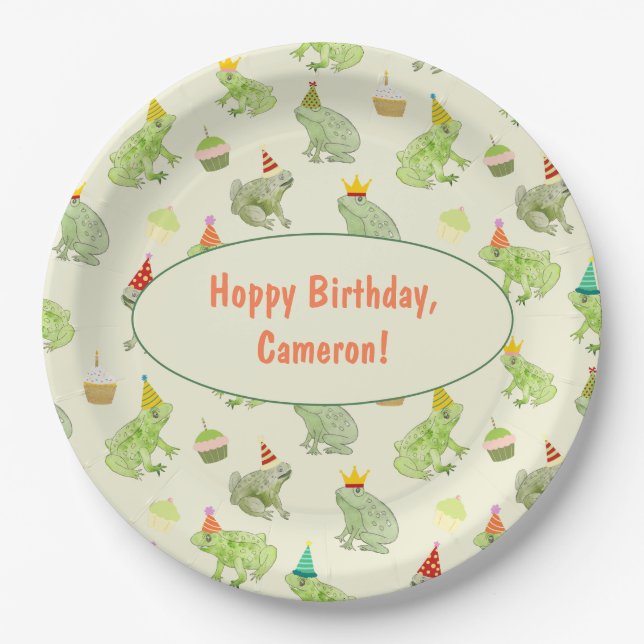 Whimsical Watercolor Frog Birthday Party Paper Plate (Front)
