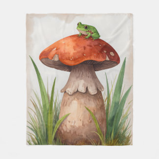 Whimsical Watercolor Frog on a Mushroom Fleece Blanket