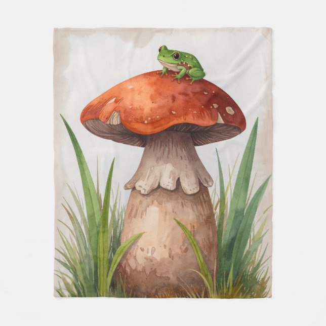 Whimsical Watercolor Frog on a Mushroom Fleece Blanket (Front)