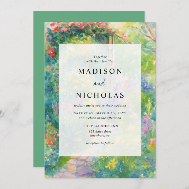 Whimsical Watercolor Garden Themed Wedding Invitation (Front/Back)