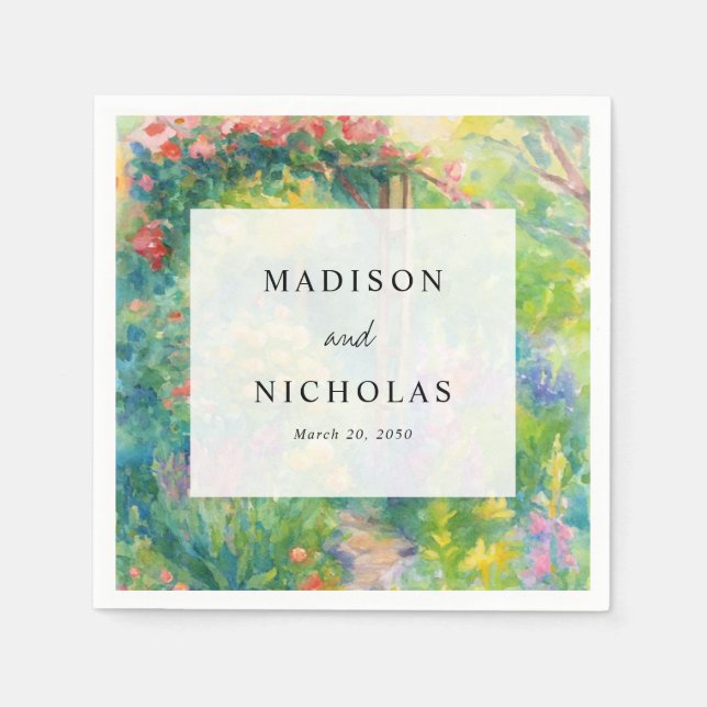 Whimsical Watercolor Garden Themed Wedding Napkin (Front)