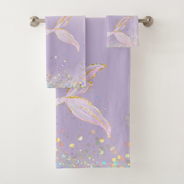 Whimsical Watercolor Glitter Mermaid Tail Bath Towel Set (Insitu)