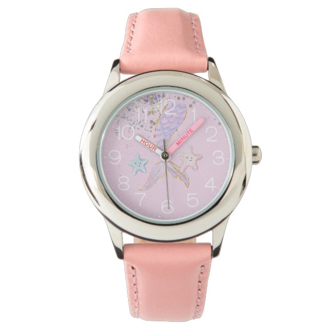 Whimsical Watercolor Glitter Mermaid Tail Watch (Front)