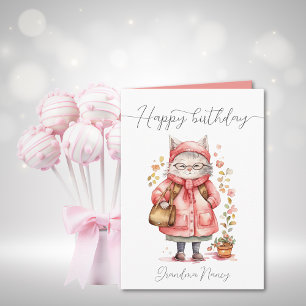Whimsical Watercolor Grandma Cat Happy Birthday Card