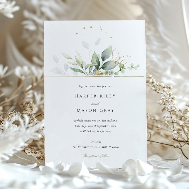 Whimsical Watercolor Green & Gold Foliage Wedding Invitation (Creator Uploaded)