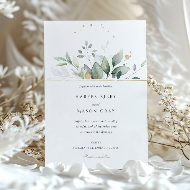 Whimsical Watercolor Green & Gold Foliage Wedding Invitation (Creator Uploaded)