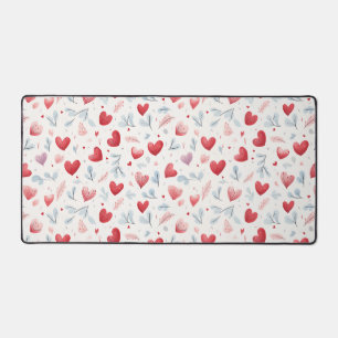 Whimsical Watercolor Hearts and Leaves Pattern Desk Mat