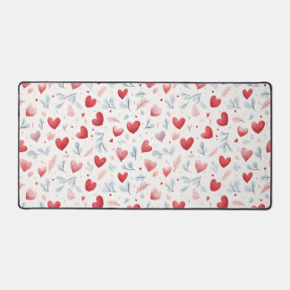 Whimsical Watercolor Hearts and Leaves Pattern Desk Mat