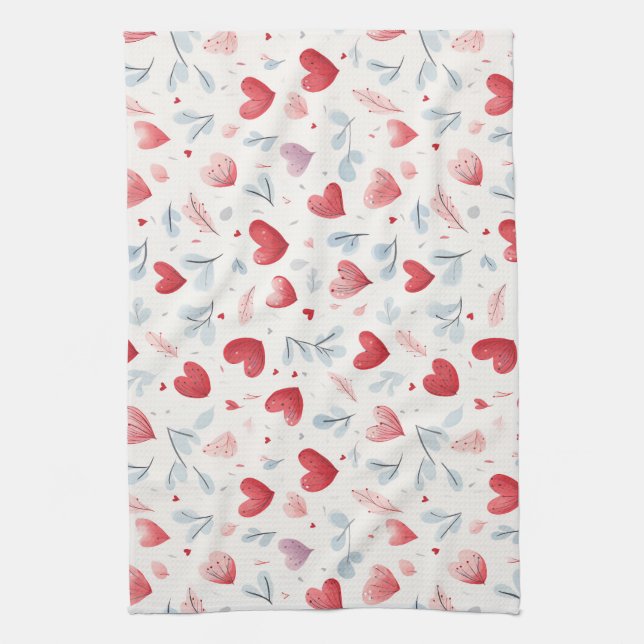 Whimsical Watercolor Hearts and Leaves Pattern Tea Towel (Vertical)
