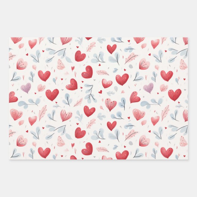 Whimsical Watercolor Hearts and Leaves Pattern Wrapping Paper Sheet (Front)