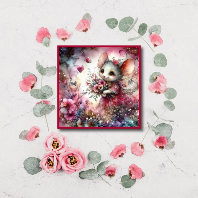 Whimsical Watercolor Hearts Valentine Mouse Holiday Card (Creator Uploaded)