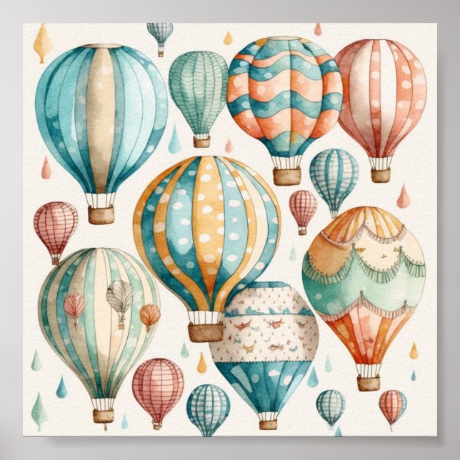 Whimsical Watercolor Hot Air Balloons Art Print (Front)