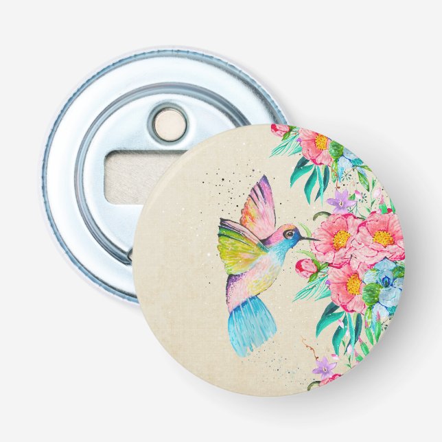 Whimsical watercolor hummingbird and flowers bottle opener (Front)