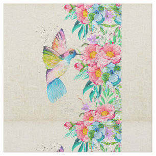 Whimsical watercolor hummingbird and flowers fabric
