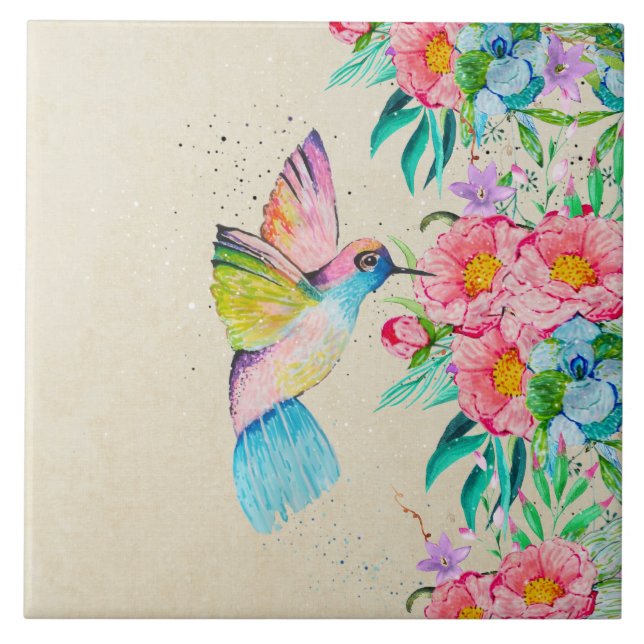 Whimsical watercolor hummingbird and flowers tile (Front)