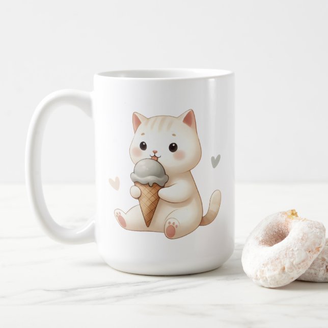 Whimsical Watercolor Kitten with Ice Cream Cone Coffee Mug (With Donut)