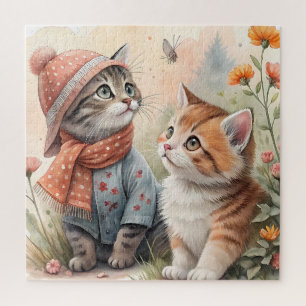 Whimsical Watercolor Kittens in an Autumn Garden  Jigsaw Puzzle
