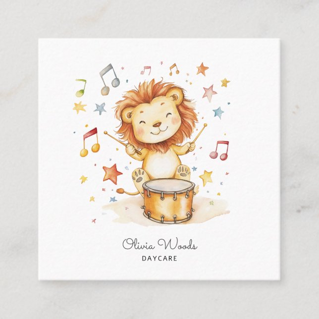 Whimsical Watercolor Lion Cub Childcare  Square Business Card (Front)